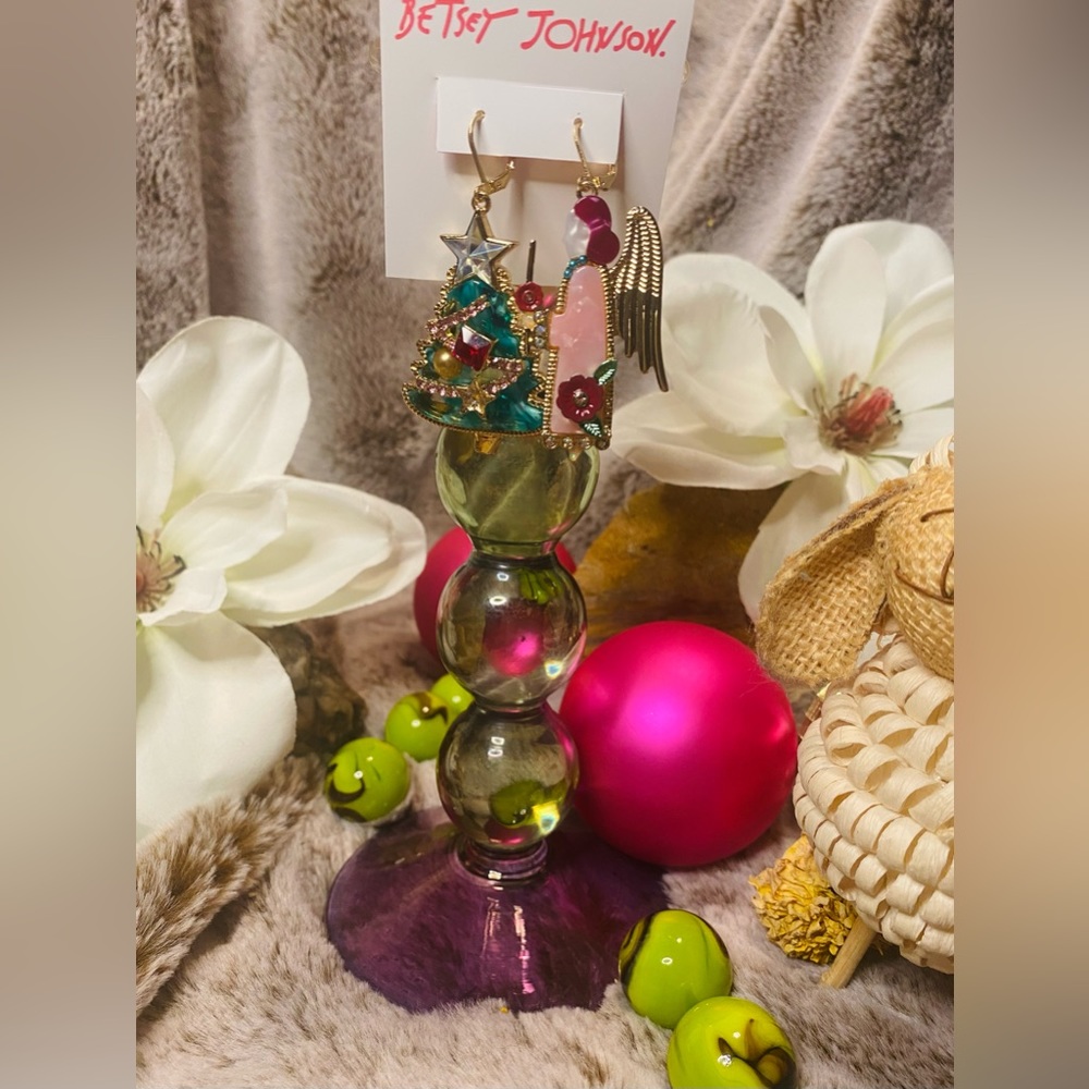 Betsey Johnson Christmas Tree Holiday Angel Mismatch Drop Earrings NEW